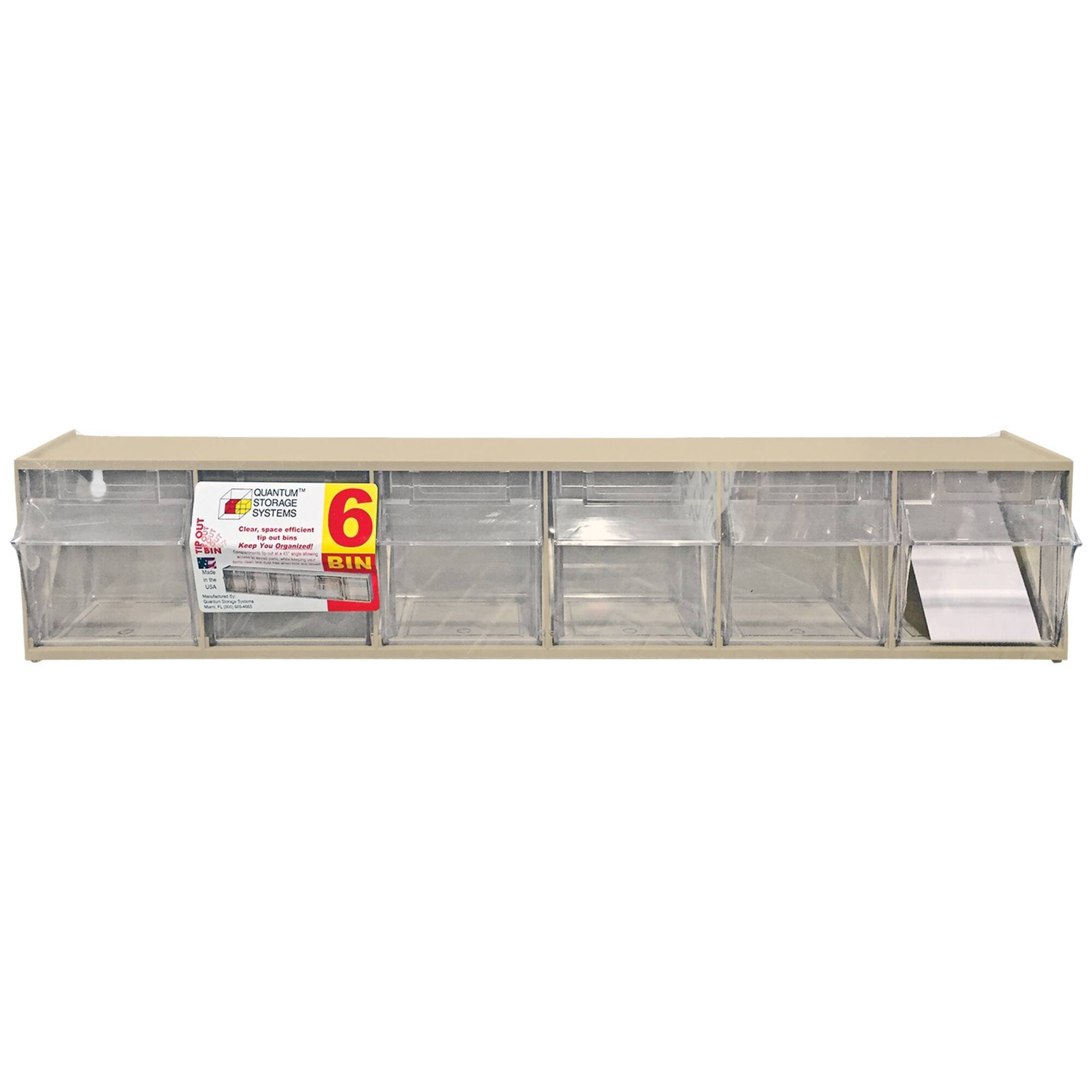 Quantum Storage Systems® 4.5" x 23.625" Ivory 6 Compartment Storage Box with Clear Tip Out Bins